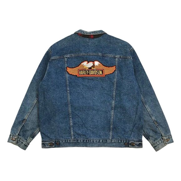 VINTAGE LEVIS HARLEY DAVIDSON TRUCKER JACKET XL MENS DENIM PLAID FLANNEL BUFFALO